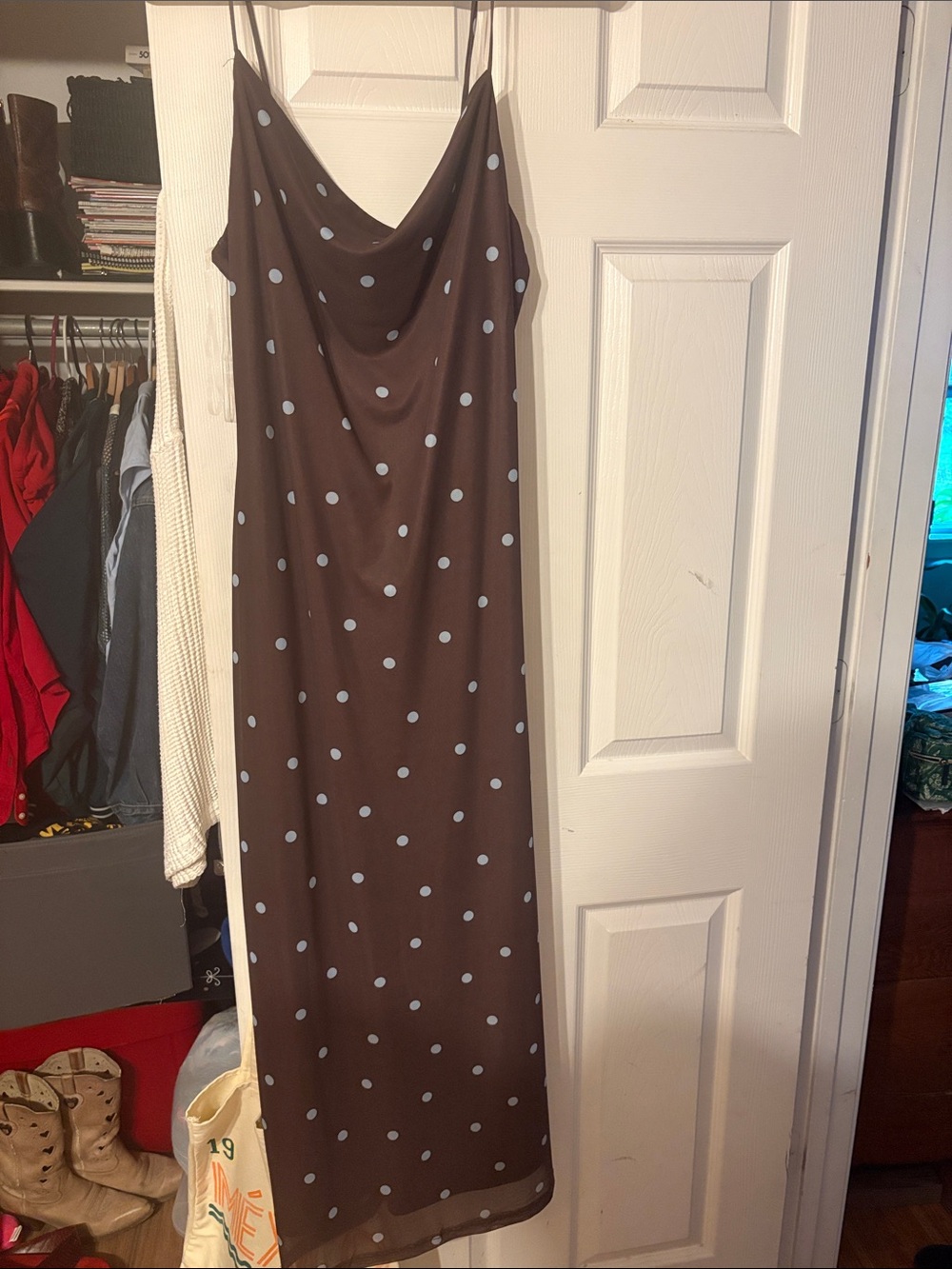 Polka Dot Slip Dress — Brown with Light Blue Dots
